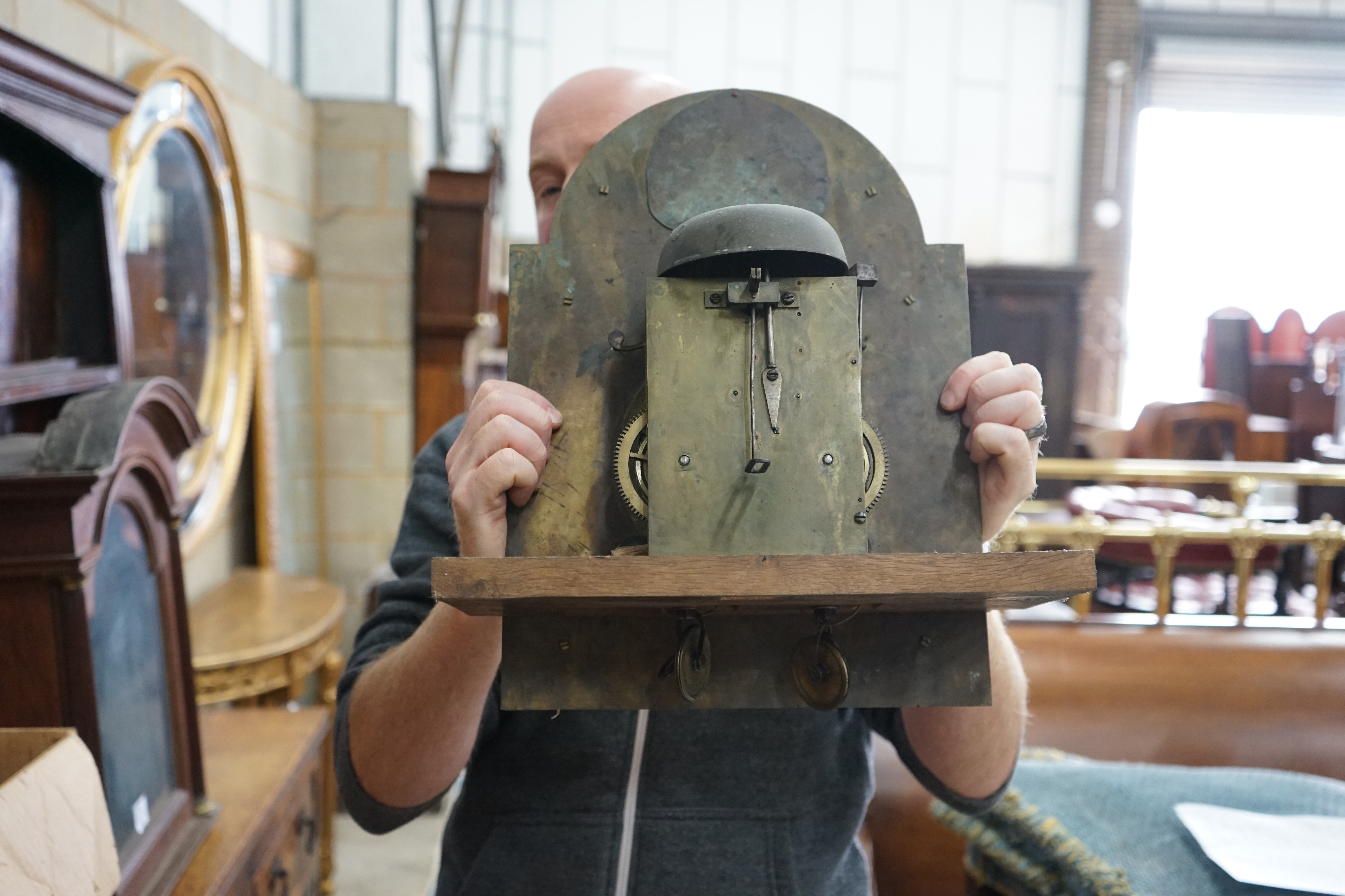 An early 19th century inlaid oak eight day longcase clock by Thomas Best, Lewes (no weights), height 211cm